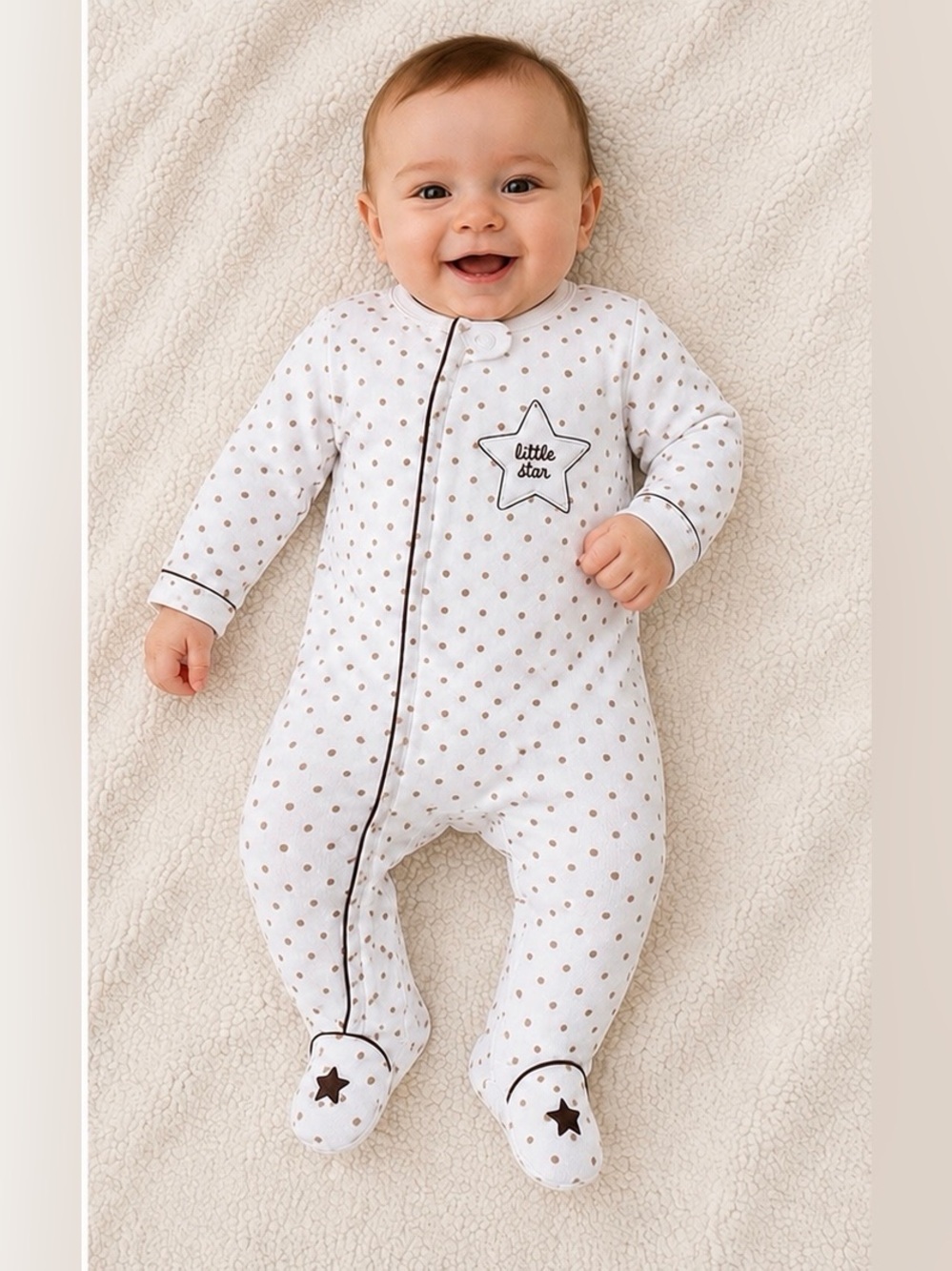 6 MTH Little Me White Footed One-Piece with Brown Star Print